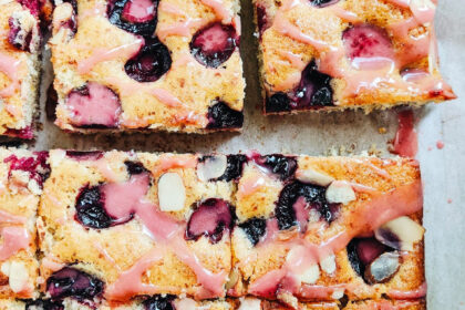 one tin bakes -- cherry olive oil cake