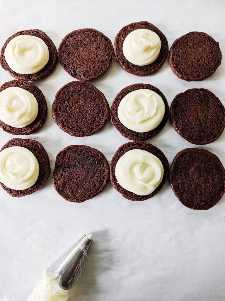 brownie sandwich cookies with eggnog buttercream